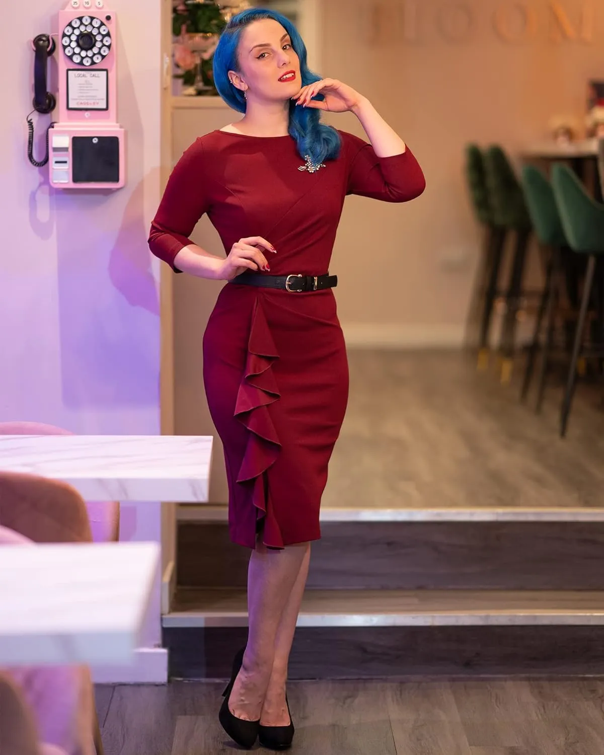 AISIZE Women's Retro 3/4 Sleeve Ruched Elegant Business Pencil Sheath Dress