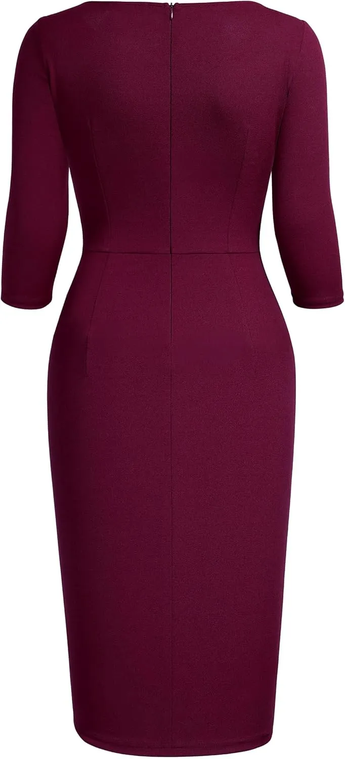 AISIZE Women's Retro 3/4 Sleeve Ruched Elegant Business Pencil Sheath Dress