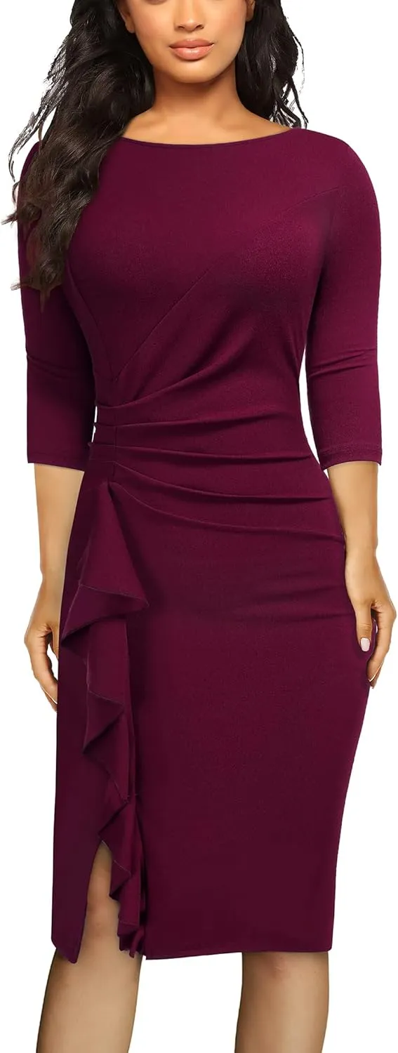 AISIZE Women's Retro 3/4 Sleeve Ruched Elegant Business Pencil Sheath Dress