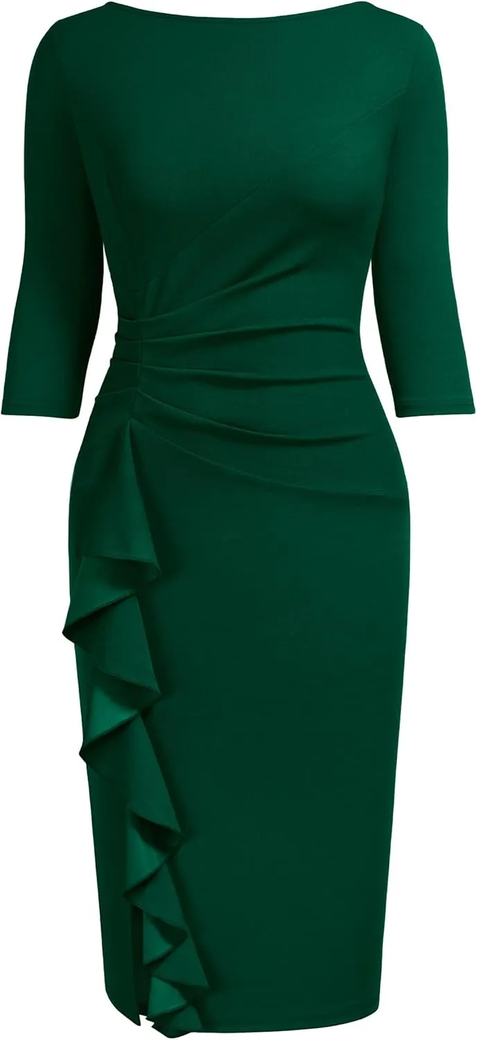 AISIZE Women's Retro 3/4 Sleeve Ruched Elegant Business Pencil Sheath Dress