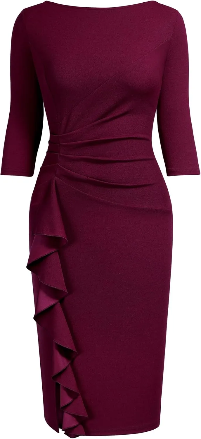 AISIZE Women's Retro 3/4 Sleeve Ruched Elegant Business Pencil Sheath Dress
