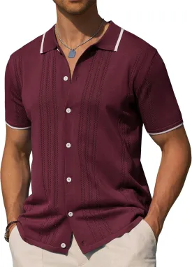 Alimens & Gentle Mens Shirts Casual Button Down Shirts Beach Vintage Knit Short Sleeve Polo Shirt for Men