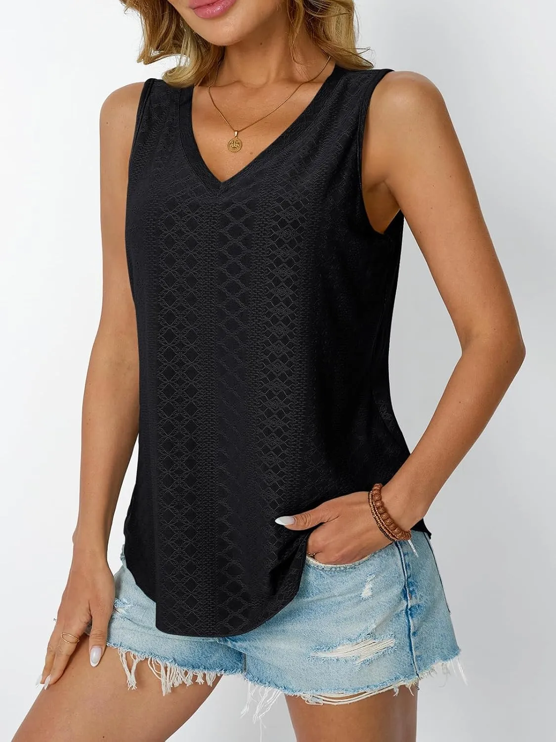 AUTOMET Women Summer Tank Top Eyelet Embroidery 2025 Vacation Sleeveless V Neck Loose Fit Shirt Spring Fashion Casual Clothes