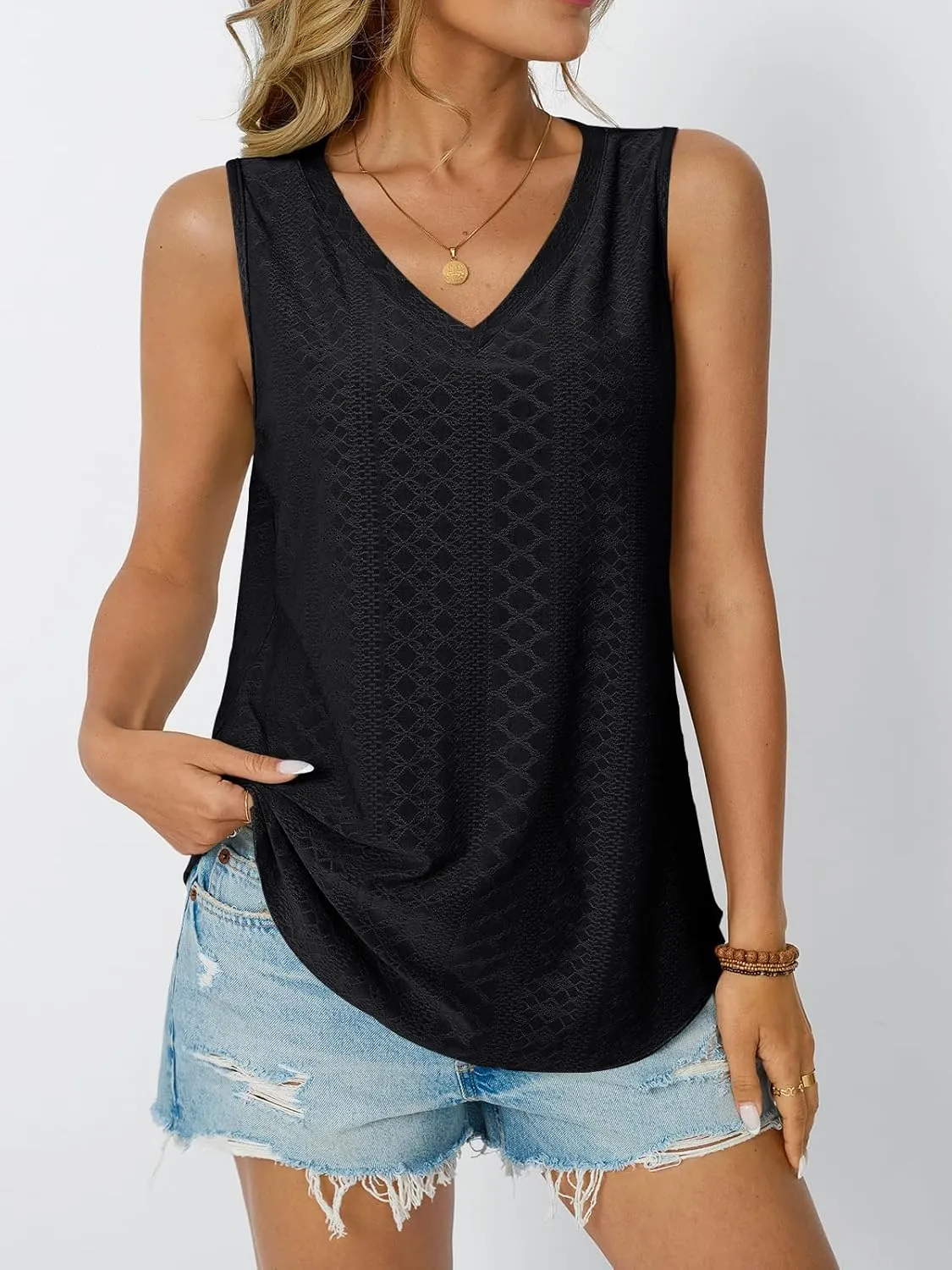 AUTOMET Women Summer Tank Top Eyelet Embroidery 2025 Vacation Sleeveless V Neck Loose Fit Shirt Spring Fashion Casual Clothes
