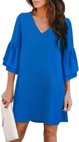 BELONGSCI Women's 2025 Summer Dress Sweet & Cute V-Neck Bell Sleeve Mini Shift Dress, Perfect for Wedding or Graduation