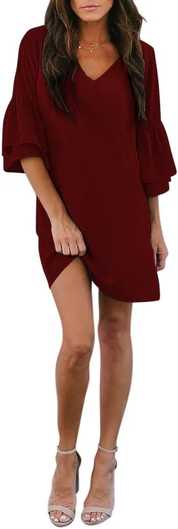 BELONGSCI Women's 2025 Summer Dress Sweet & Cute V-Neck Bell Sleeve Mini Shift Dress, Perfect for Wedding or Graduation