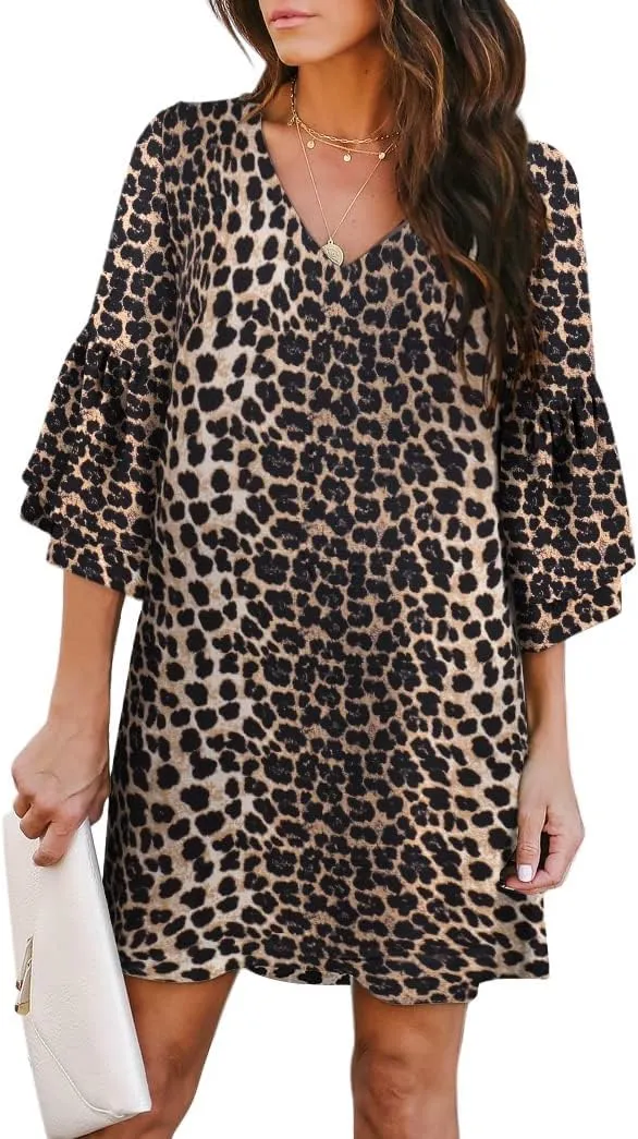 BELONGSCI Women's 2025 Summer Dress Sweet & Cute V-Neck Bell Sleeve Mini Shift Dress, Perfect for Wedding or Graduation