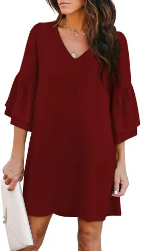 BELONGSCI Women's 2025 Summer Dress Sweet & Cute V-Neck Bell Sleeve Mini Shift Dress, Perfect for Wedding or Graduation