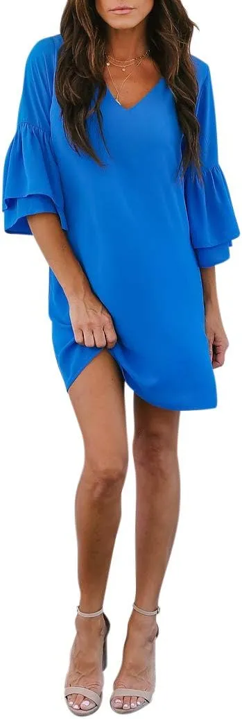 BELONGSCI Women's 2025 Summer Dress Sweet & Cute V-Neck Bell Sleeve Mini Shift Dress, Perfect for Wedding or Graduation