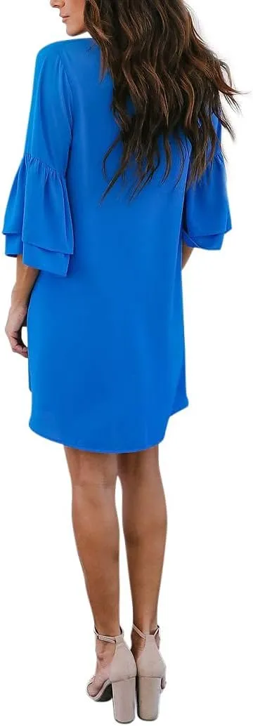 BELONGSCI Women's 2025 Summer Dress Sweet & Cute V-Neck Bell Sleeve Mini Shift Dress, Perfect for Wedding or Graduation