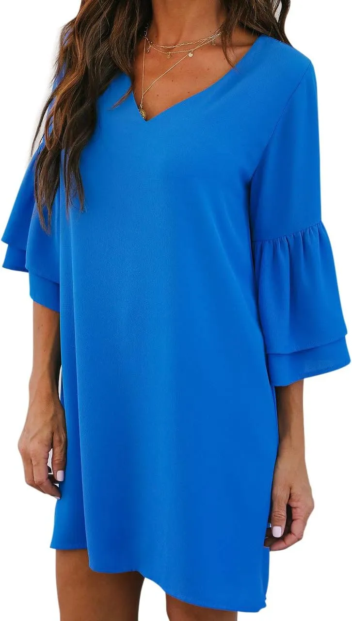 BELONGSCI Women's 2025 Summer Dress Sweet & Cute V-Neck Bell Sleeve Mini Shift Dress, Perfect for Wedding or Graduation