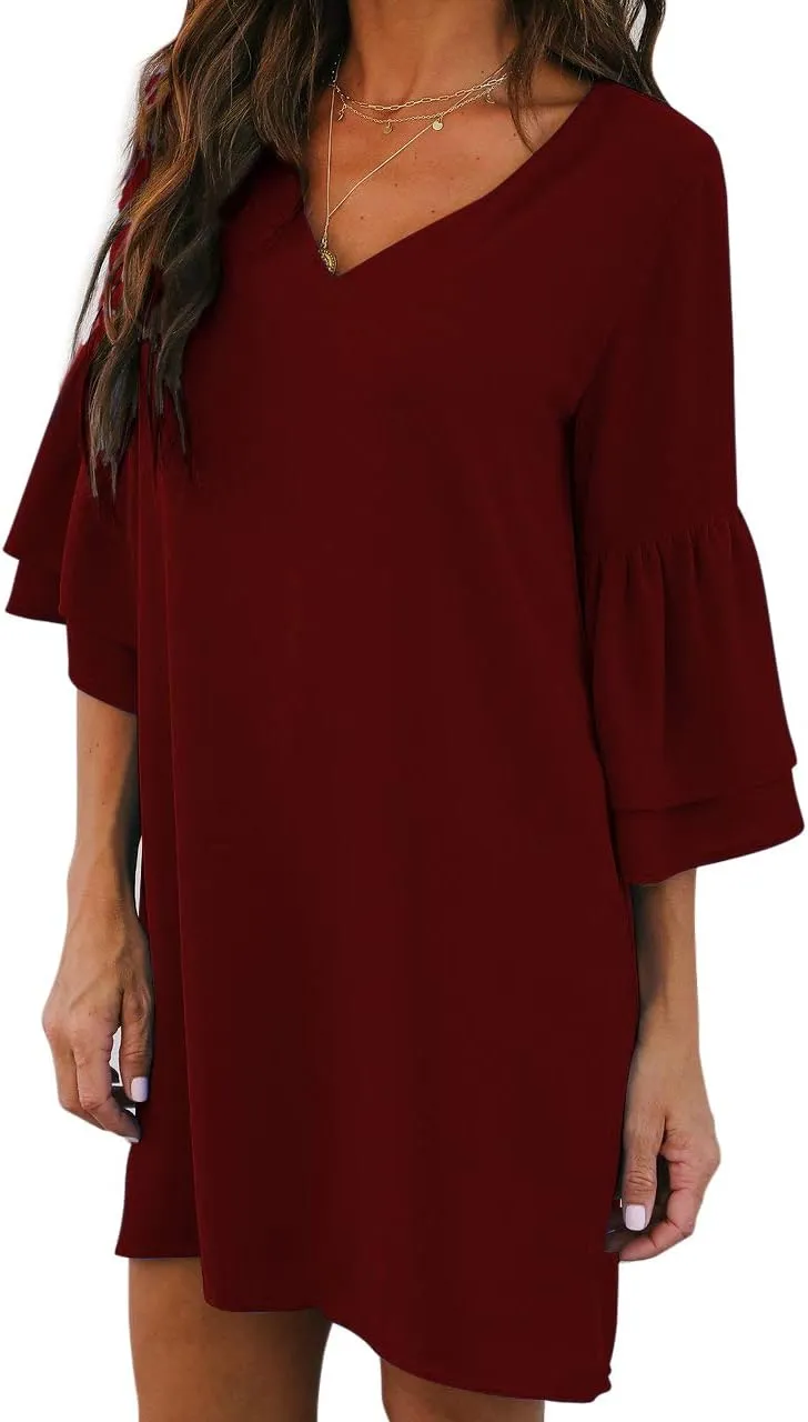 BELONGSCI Women's 2025 Summer Dress Sweet & Cute V-Neck Bell Sleeve Mini Shift Dress, Perfect for Wedding or Graduation