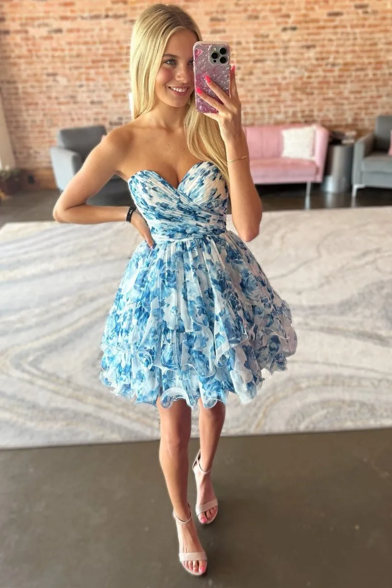 Blue Print Sweetheart Ruffle Homecoming Dress