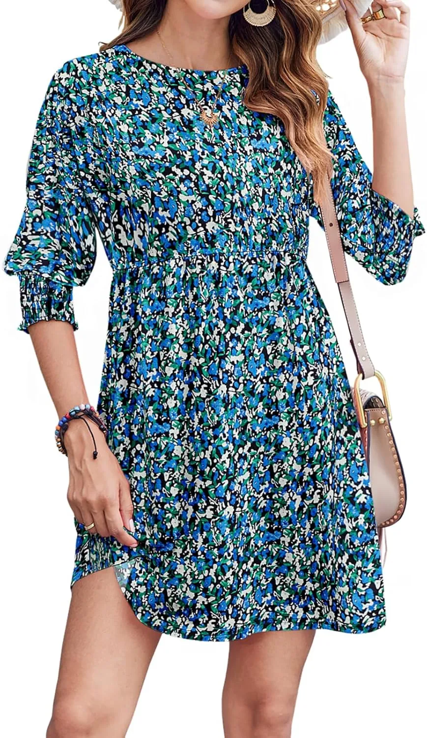 Bluetime Womens Summer Tunic Dress Crew Neck Casual 3/4 Sleeve Short Babydoll Loose Flowy Dresses