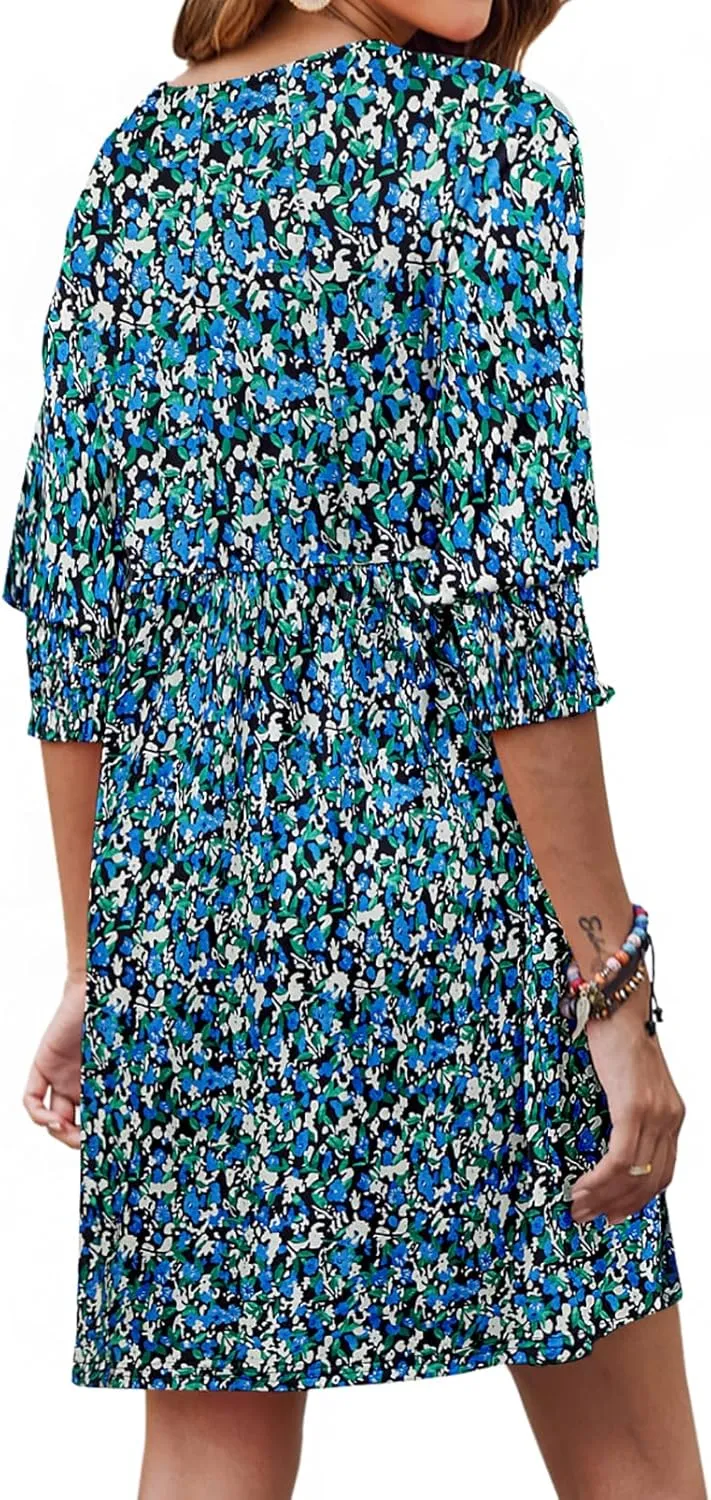 Bluetime Womens Summer Tunic Dress Crew Neck Casual 3/4 Sleeve Short Babydoll Loose Flowy Dresses