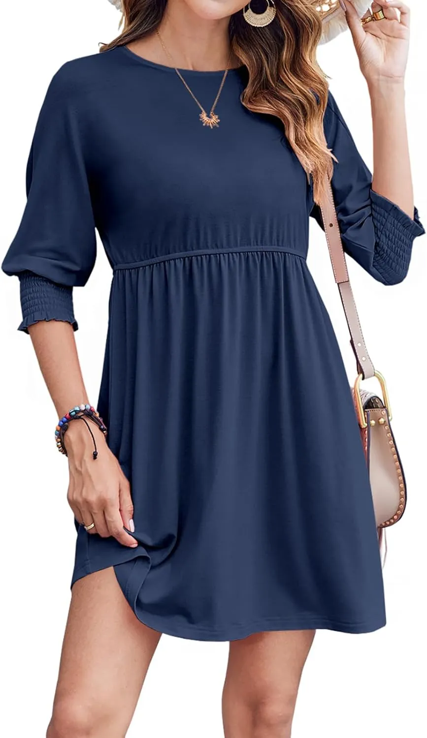 Bluetime Womens Summer Tunic Dress Crew Neck Casual 3/4 Sleeve Short Babydoll Loose Flowy Dresses