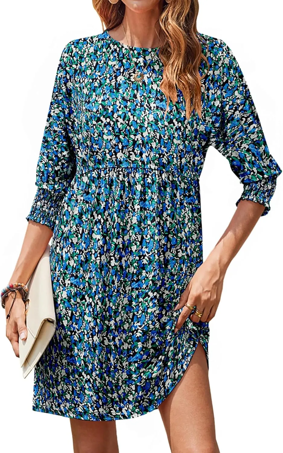 Bluetime Womens Summer Tunic Dress Crew Neck Casual 3/4 Sleeve Short Babydoll Loose Flowy Dresses