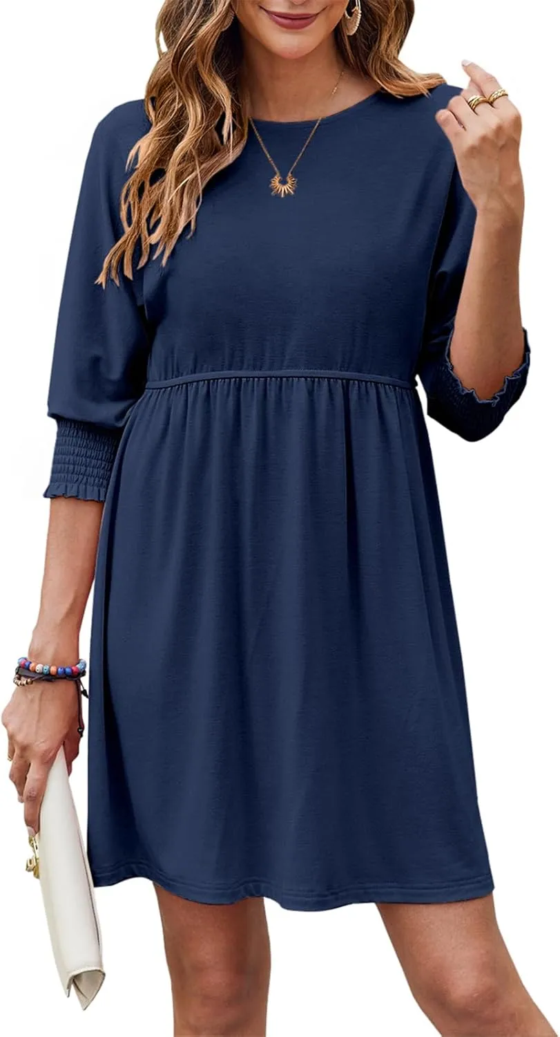 Bluetime Womens Summer Tunic Dress Crew Neck Casual 3/4 Sleeve Short Babydoll Loose Flowy Dresses