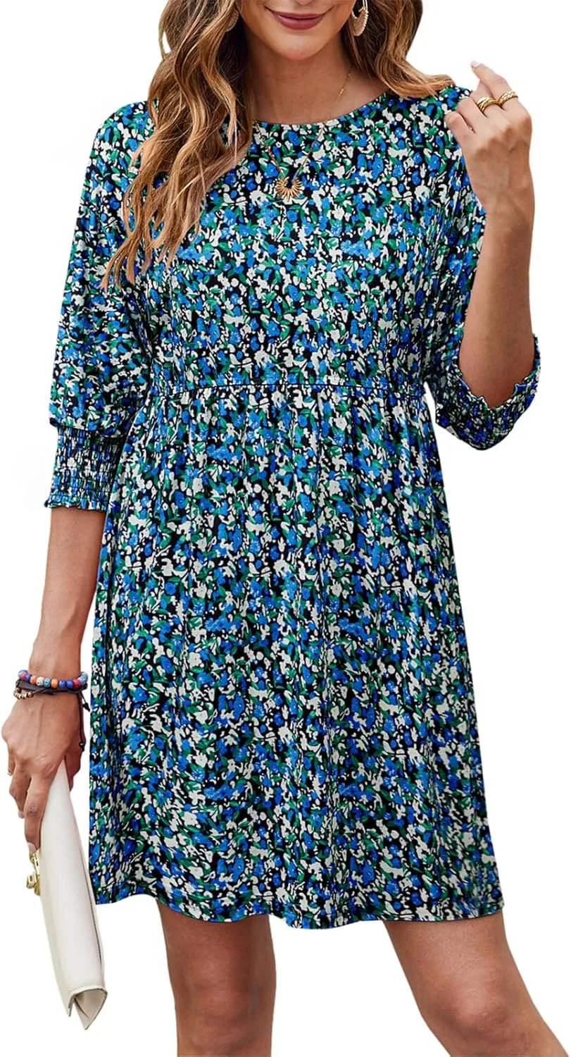 Bluetime Womens Summer Tunic Dress Crew Neck Casual 3/4 Sleeve Short Babydoll Loose Flowy Dresses