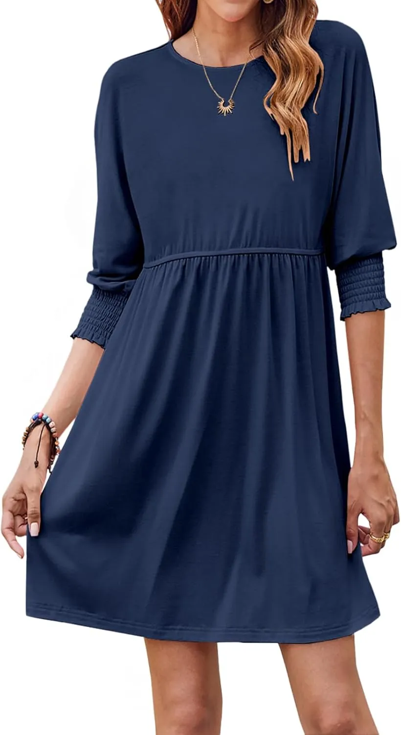 Bluetime Womens Summer Tunic Dress Crew Neck Casual 3/4 Sleeve Short Babydoll Loose Flowy Dresses