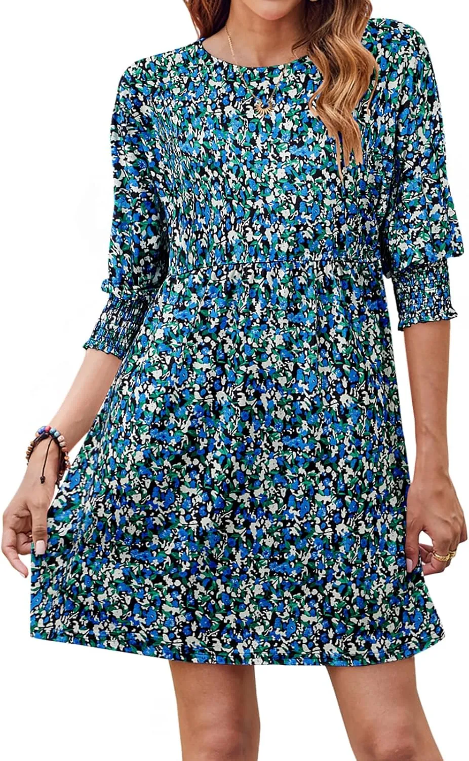 Bluetime Womens Summer Tunic Dress Crew Neck Casual 3/4 Sleeve Short Babydoll Loose Flowy Dresses