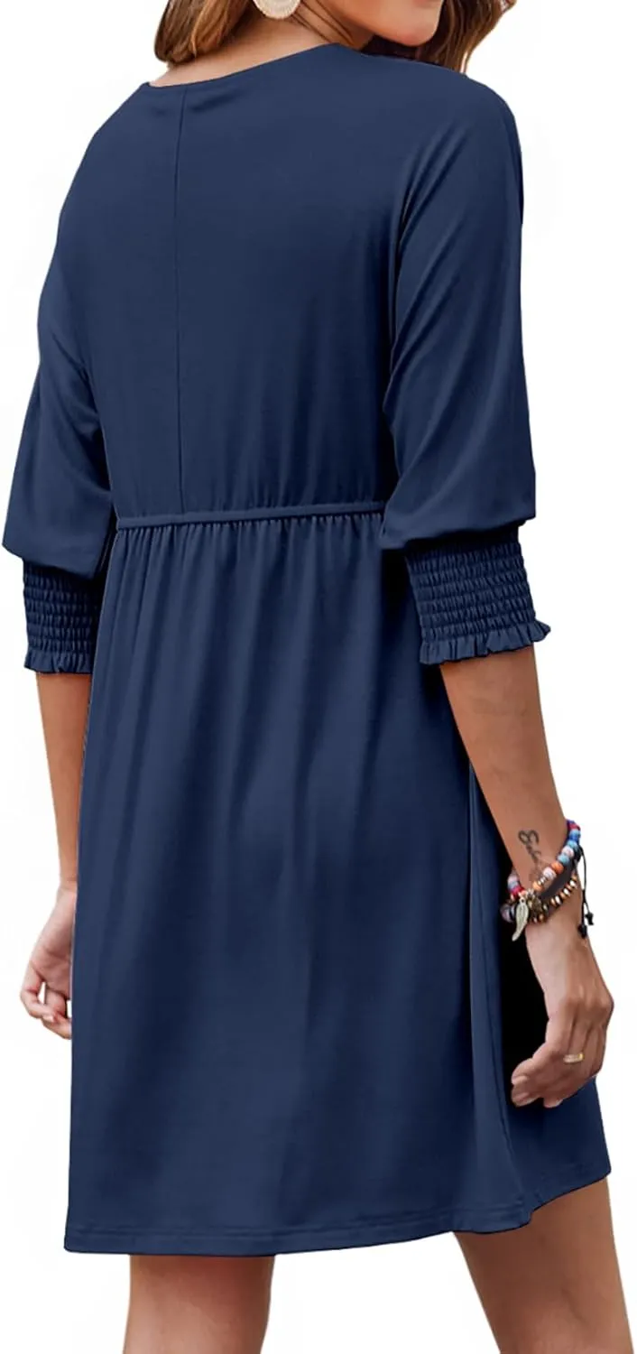 Bluetime Womens Summer Tunic Dress Crew Neck Casual 3/4 Sleeve Short Babydoll Loose Flowy Dresses