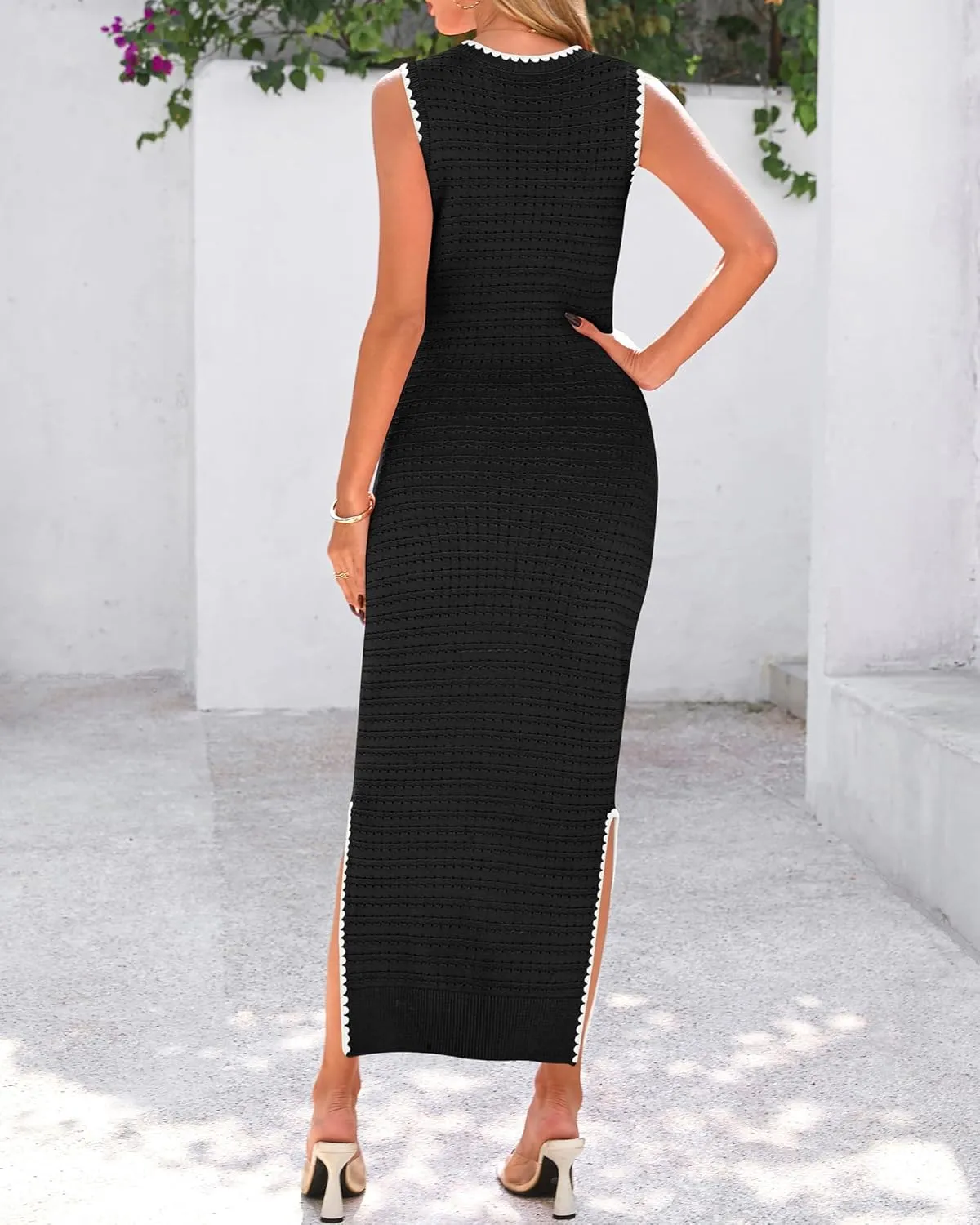 BTFBM Womens Knit Bodycon Midi Dress Casual Sleeveless See Through Cover Up Dresses Crew Neck Slit Tank Summer Dresses