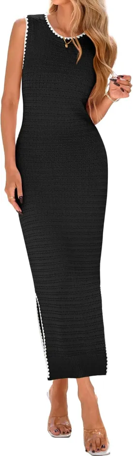 BTFBM Womens Knit Bodycon Midi Dress Casual Sleeveless See Through Cover Up Dresses Crew Neck Slit Tank Summer Dresses