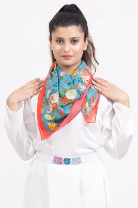 Cotton Silk Printed Blue Scarf