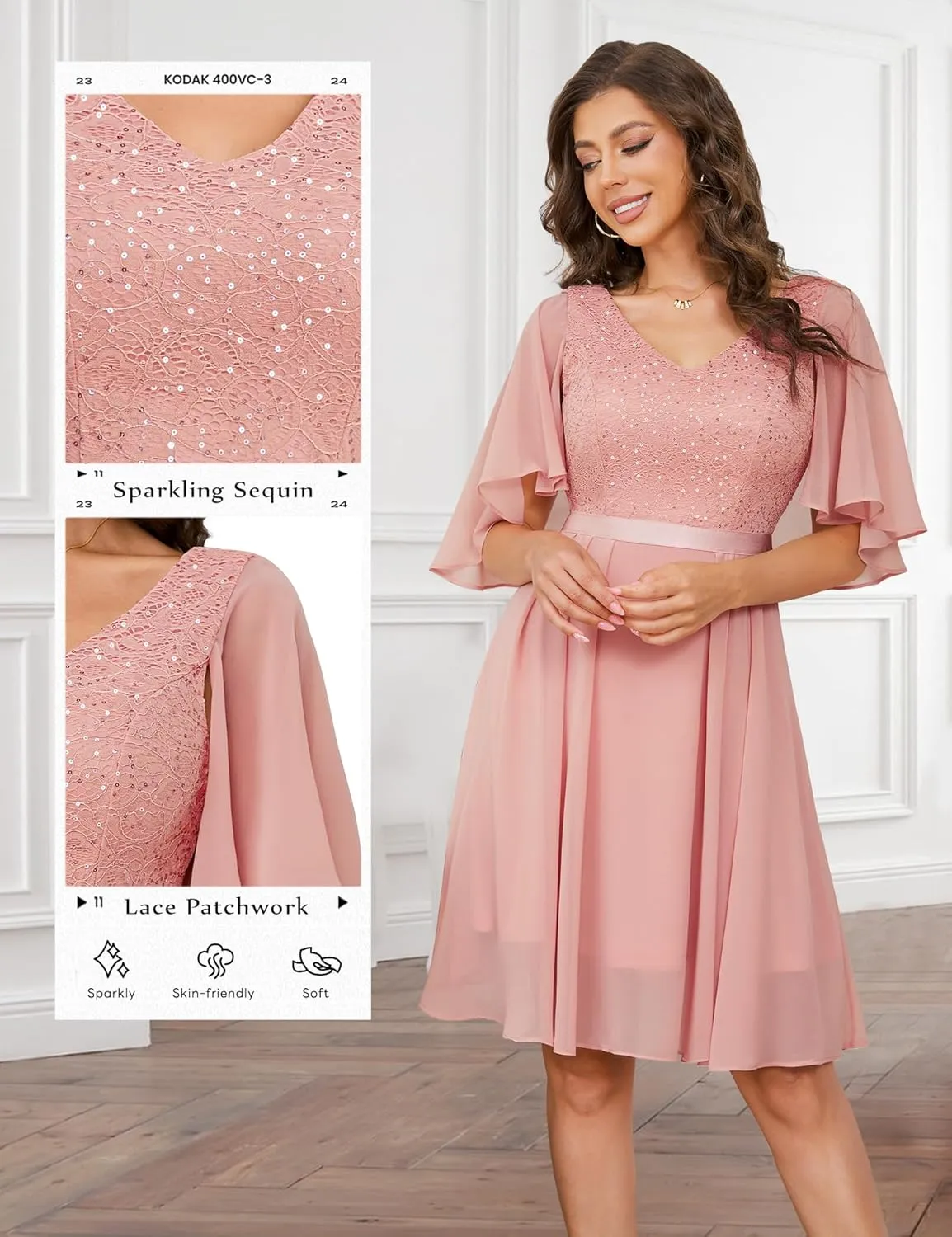 Dressystar Sequin Women Dresses Knee Length Dress Mother of The Bride Wedding Guest V-Neck Evening Formal Cocktail Gowns