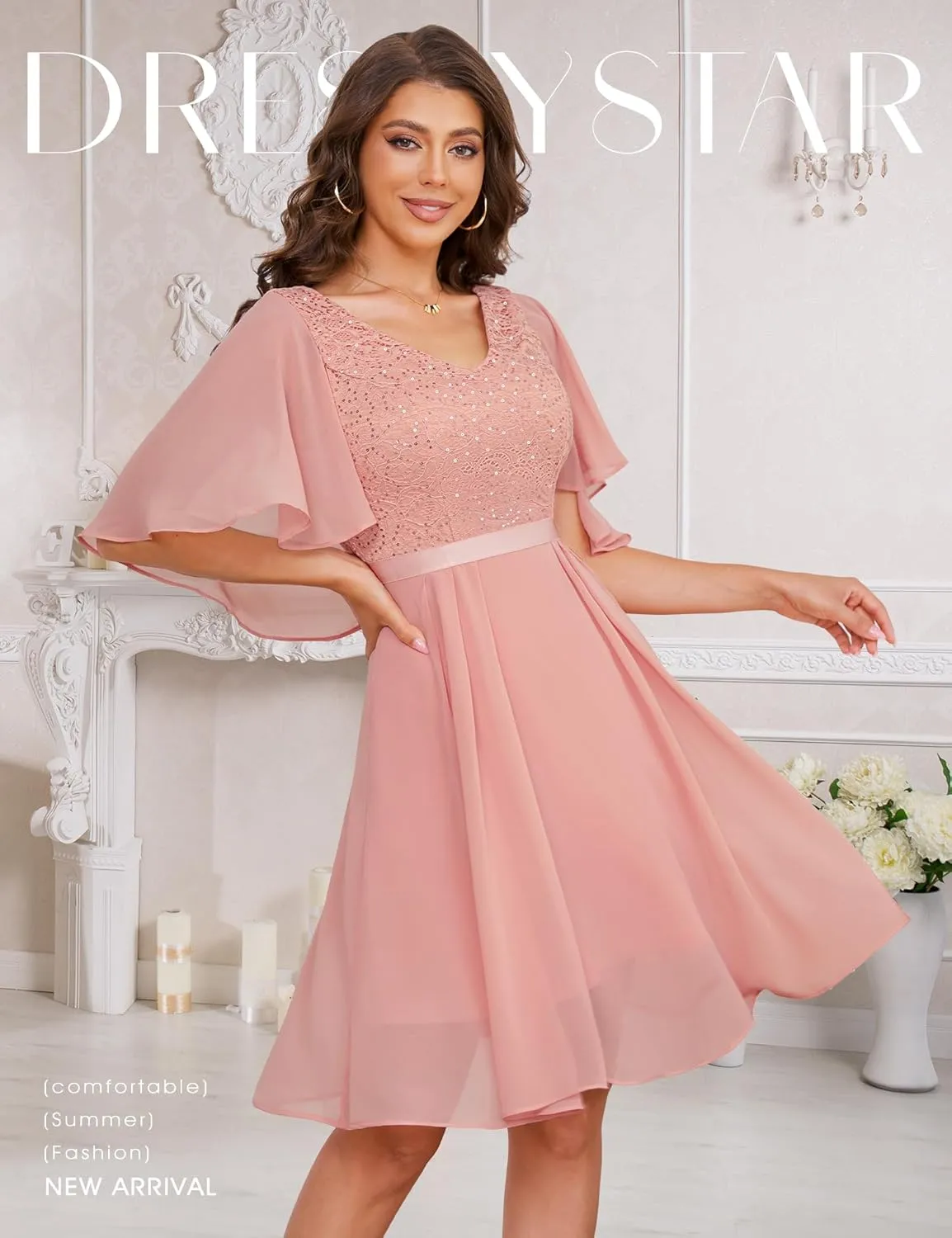 Dressystar Sequin Women Dresses Knee Length Dress Mother of The Bride Wedding Guest V-Neck Evening Formal Cocktail Gowns