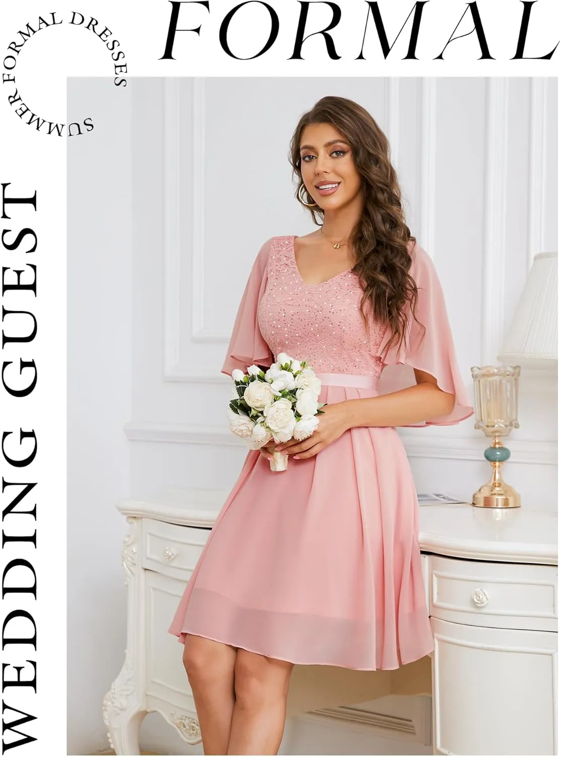 Dressystar Sequin Women Dresses Knee Length Dress Mother of The Bride Wedding Guest V-Neck Evening Formal Cocktail Gowns
