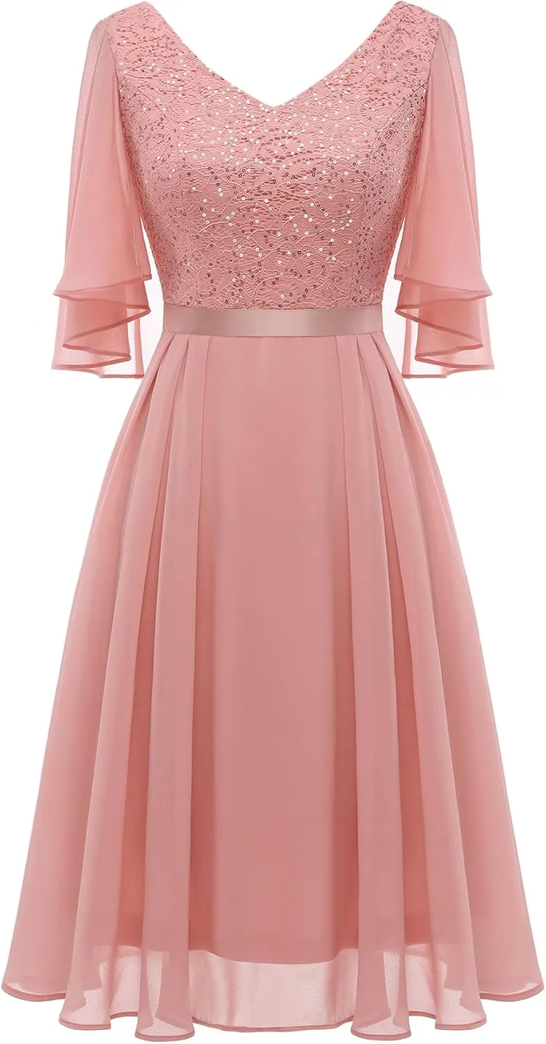 Dressystar Sequin Women Dresses Knee Length Dress Mother of The Bride Wedding Guest V-Neck Evening Formal Cocktail Gowns
