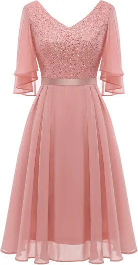 Dressystar Sequin Women Dresses Knee Length Dress Mother of The Bride Wedding Guest V-Neck Evening Formal Cocktail Gowns