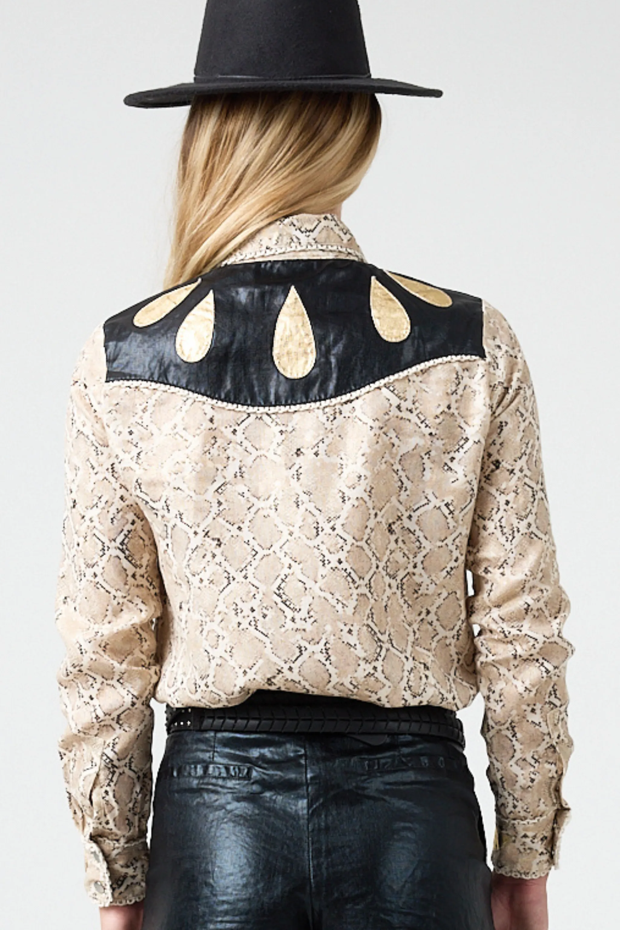 Far West Metallic Linen Shirt - Snake Print with Metallic Black and Gold Appliques