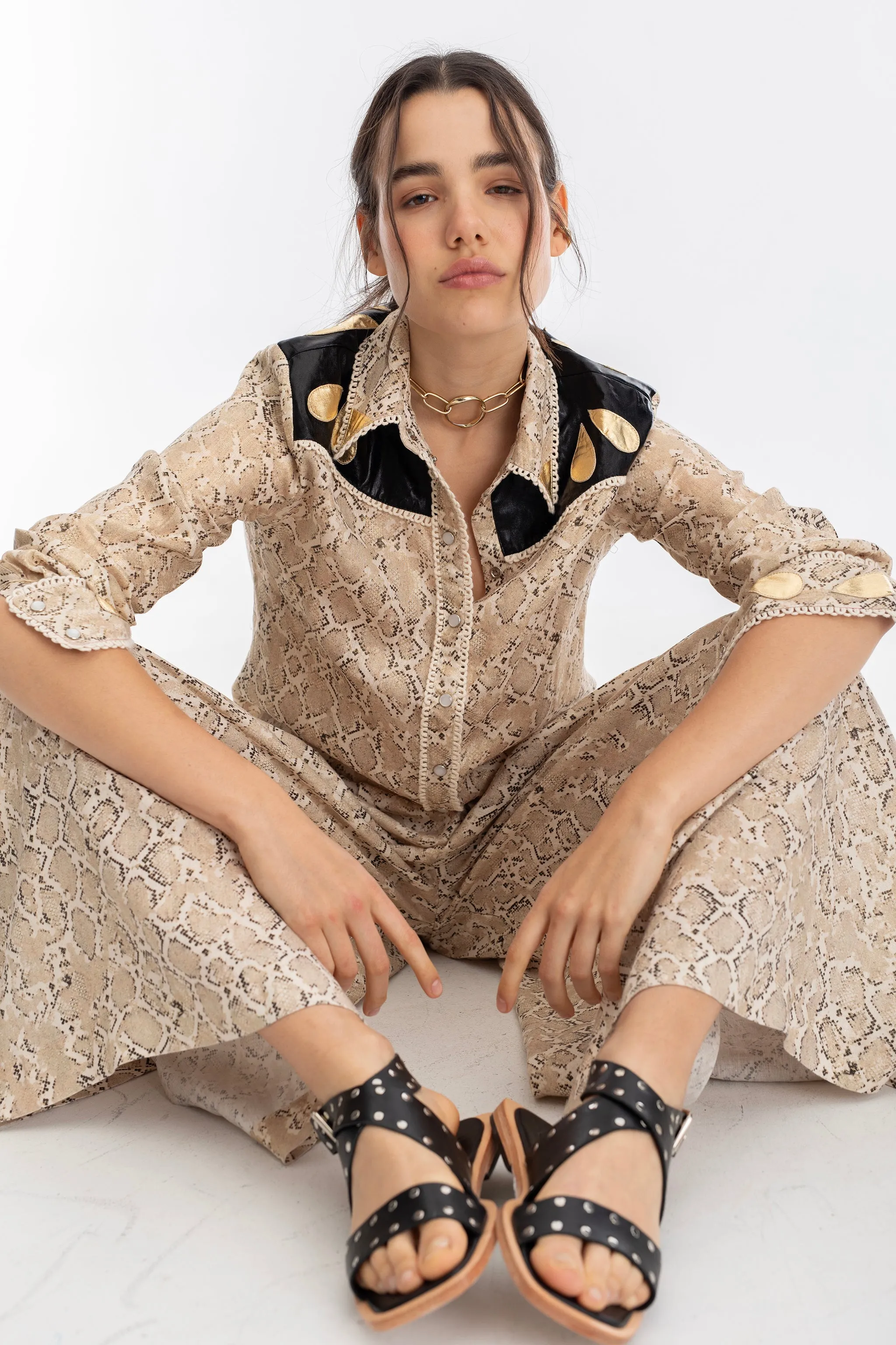 Far West Metallic Linen Shirt - Snake Print with Metallic Black and Gold Appliques