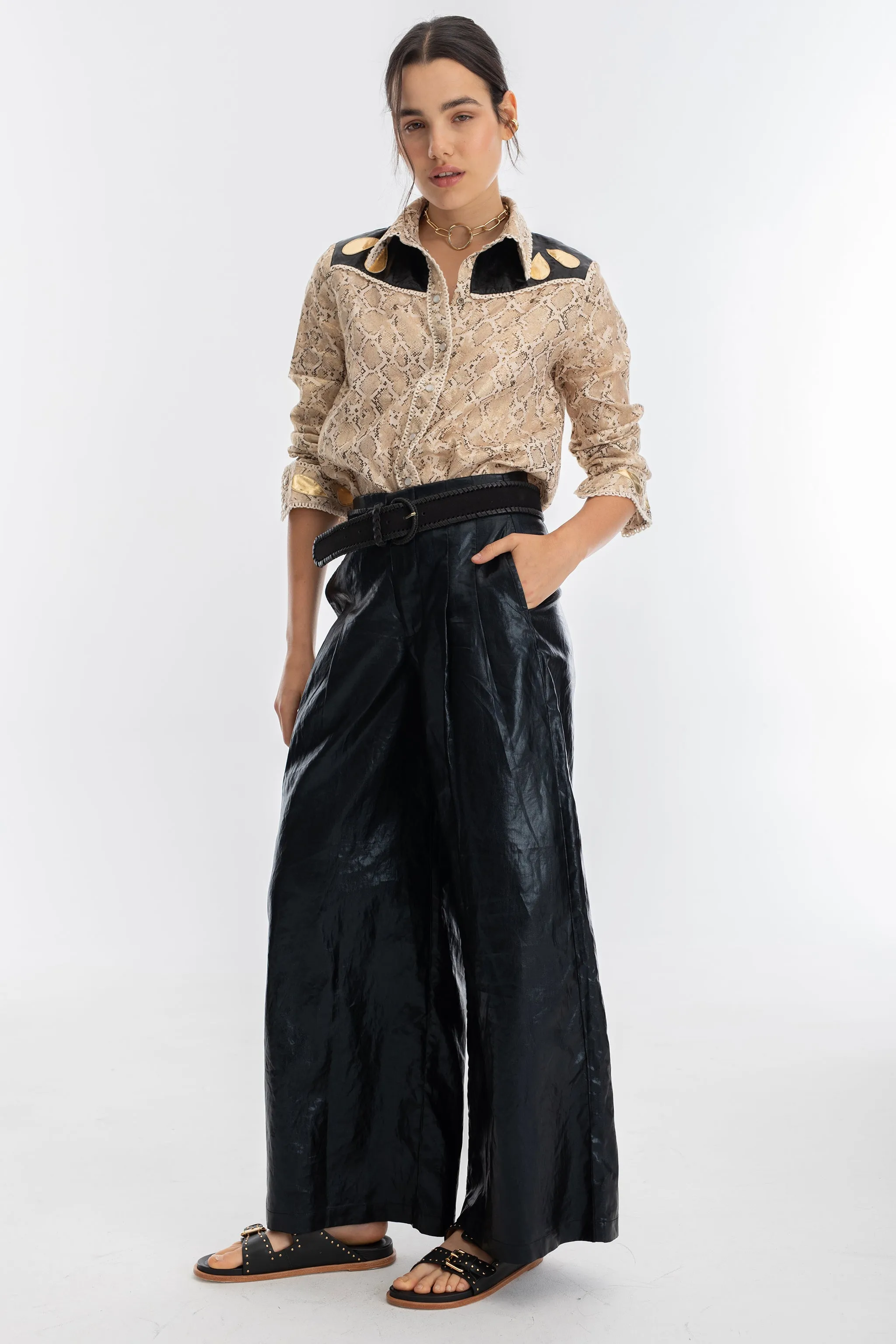 Far West Metallic Linen Shirt - Snake Print with Metallic Black and Gold Appliques