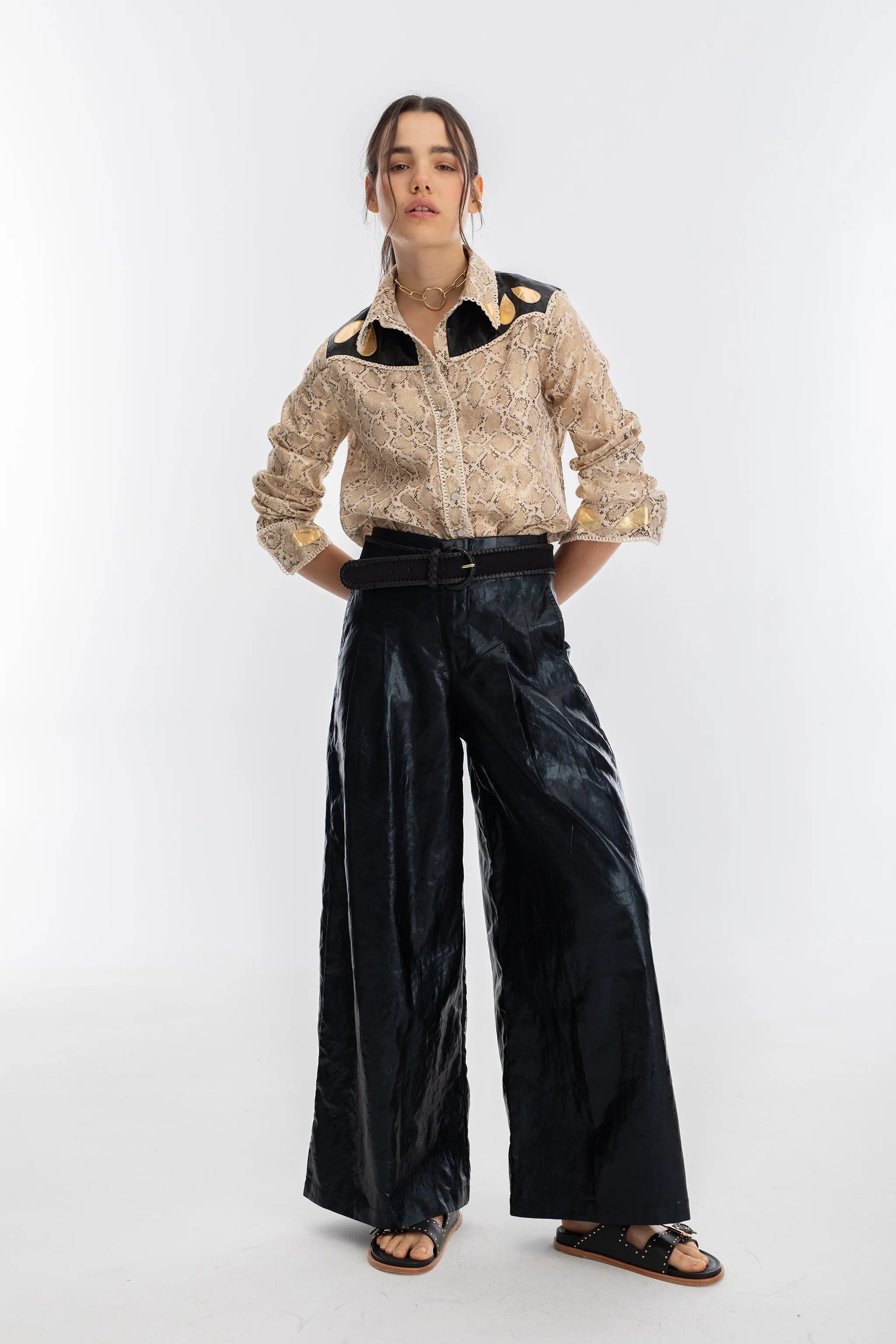 Far West Metallic Linen Shirt - Snake Print with Metallic Black and Gold Appliques