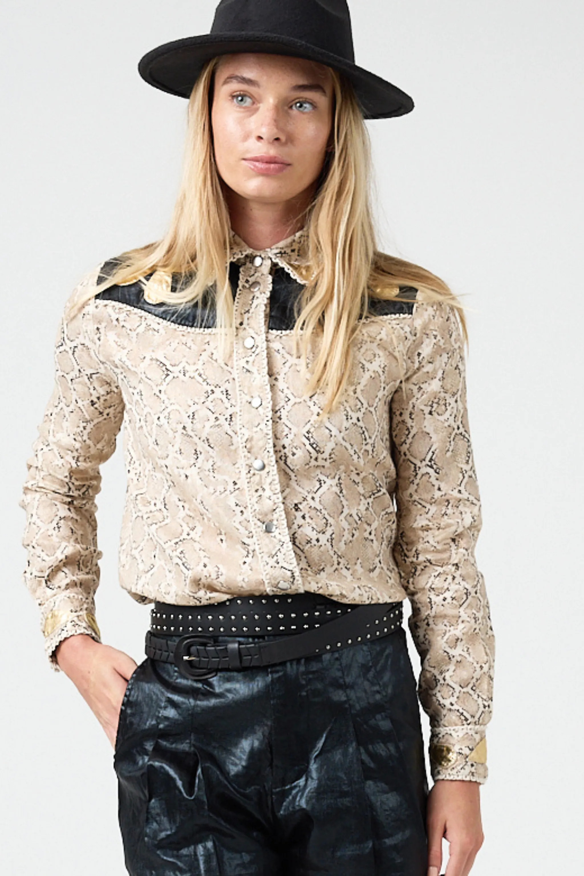 Far West Metallic Linen Shirt - Snake Print with Metallic Black and Gold Appliques