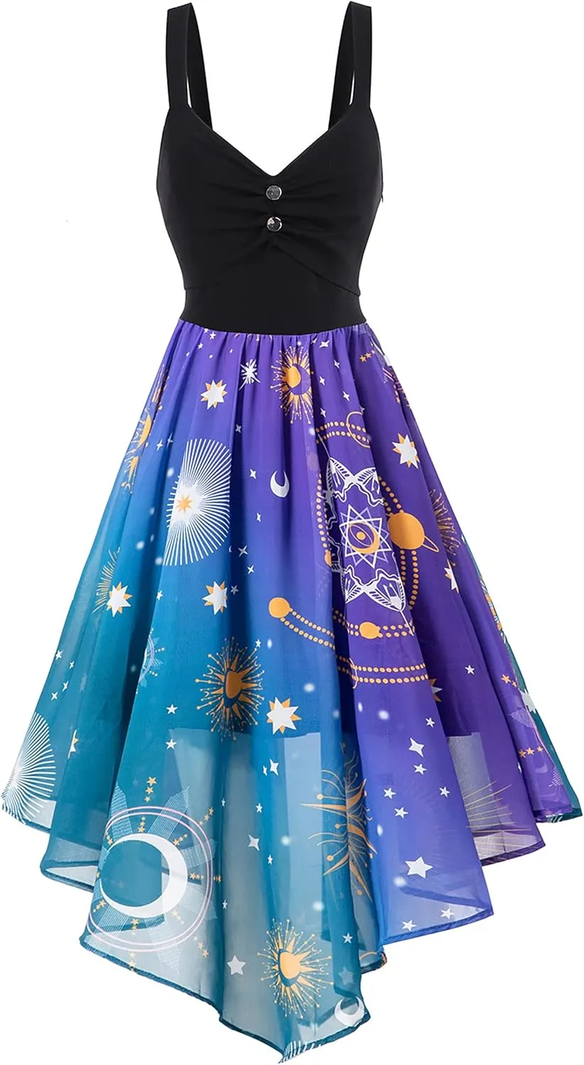 FEAPHY Women's Vintage Chiffon Sun Moon Star Sleeveless A-Line High Low Dress