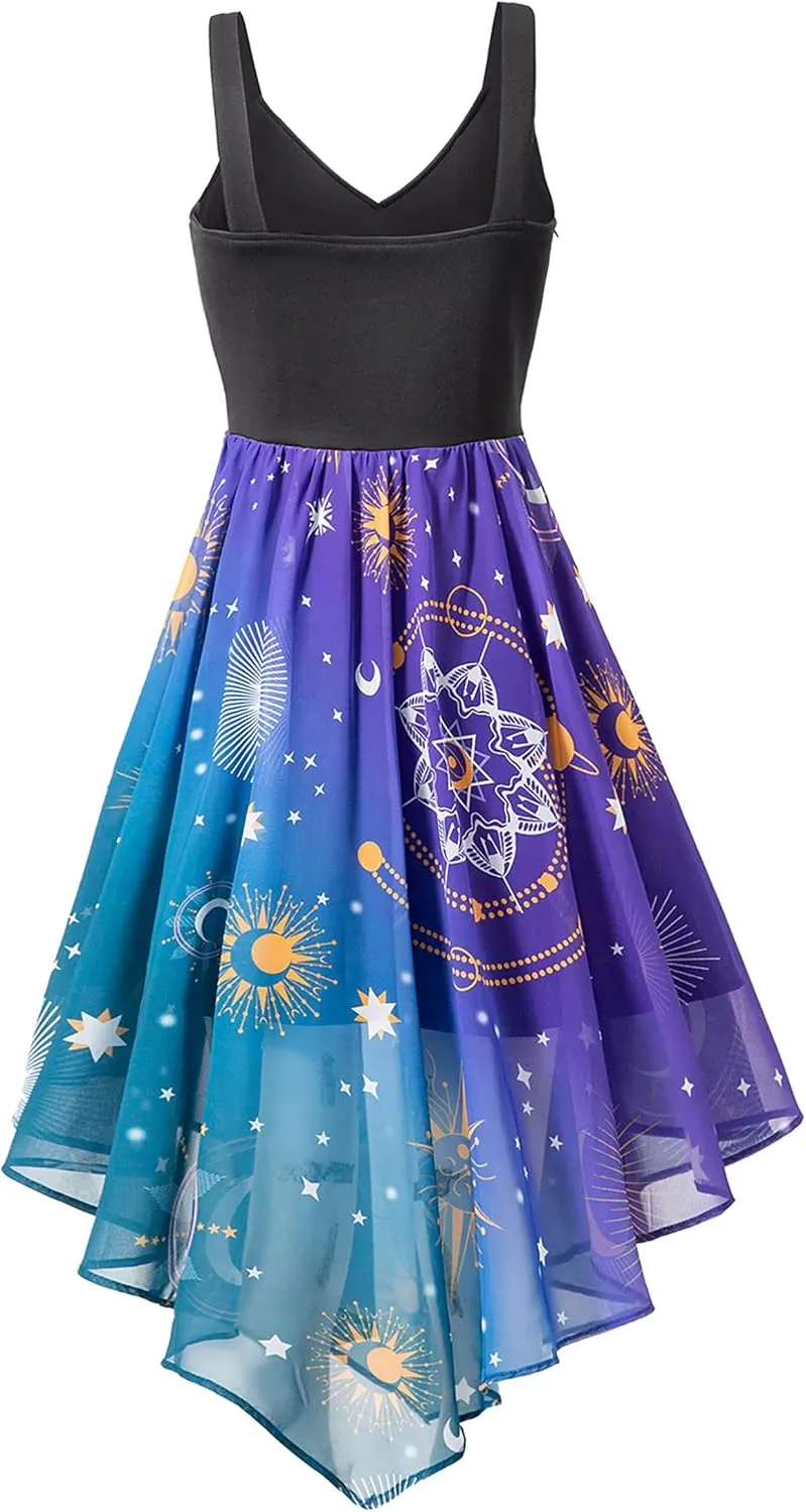 FEAPHY Women's Vintage Chiffon Sun Moon Star Sleeveless A-Line High Low Dress