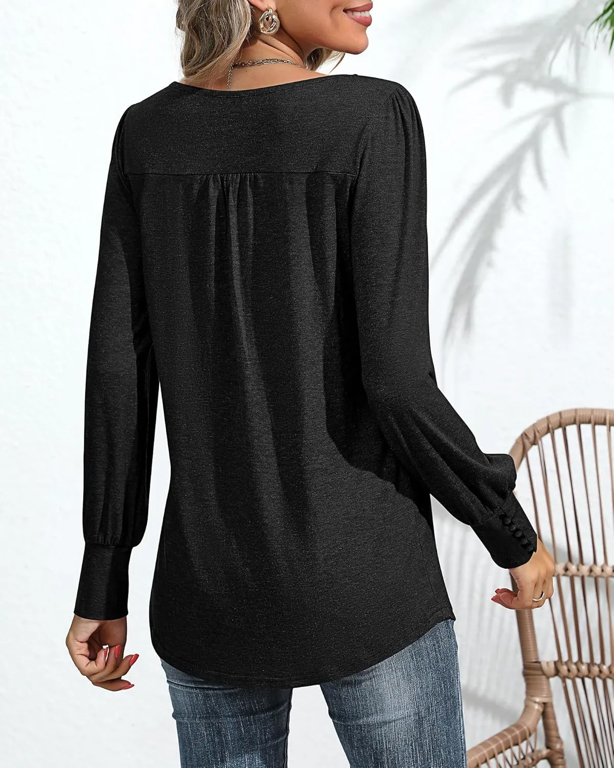 Ficerd Women's Puff Long Sleeve Tunic Tops Pleated Crew Neck Blouses Dressy Casual Loose Fit Winter and Spring Shirts