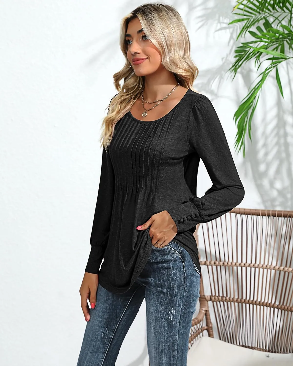 Ficerd Women's Puff Long Sleeve Tunic Tops Pleated Crew Neck Blouses Dressy Casual Loose Fit Winter and Spring Shirts