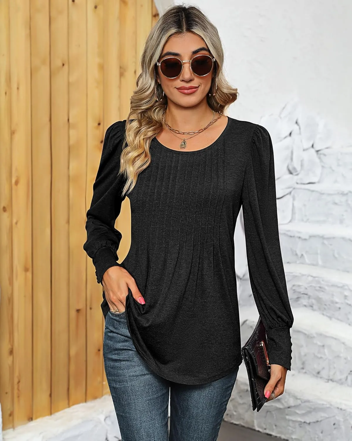 Ficerd Women's Puff Long Sleeve Tunic Tops Pleated Crew Neck Blouses Dressy Casual Loose Fit Winter and Spring Shirts