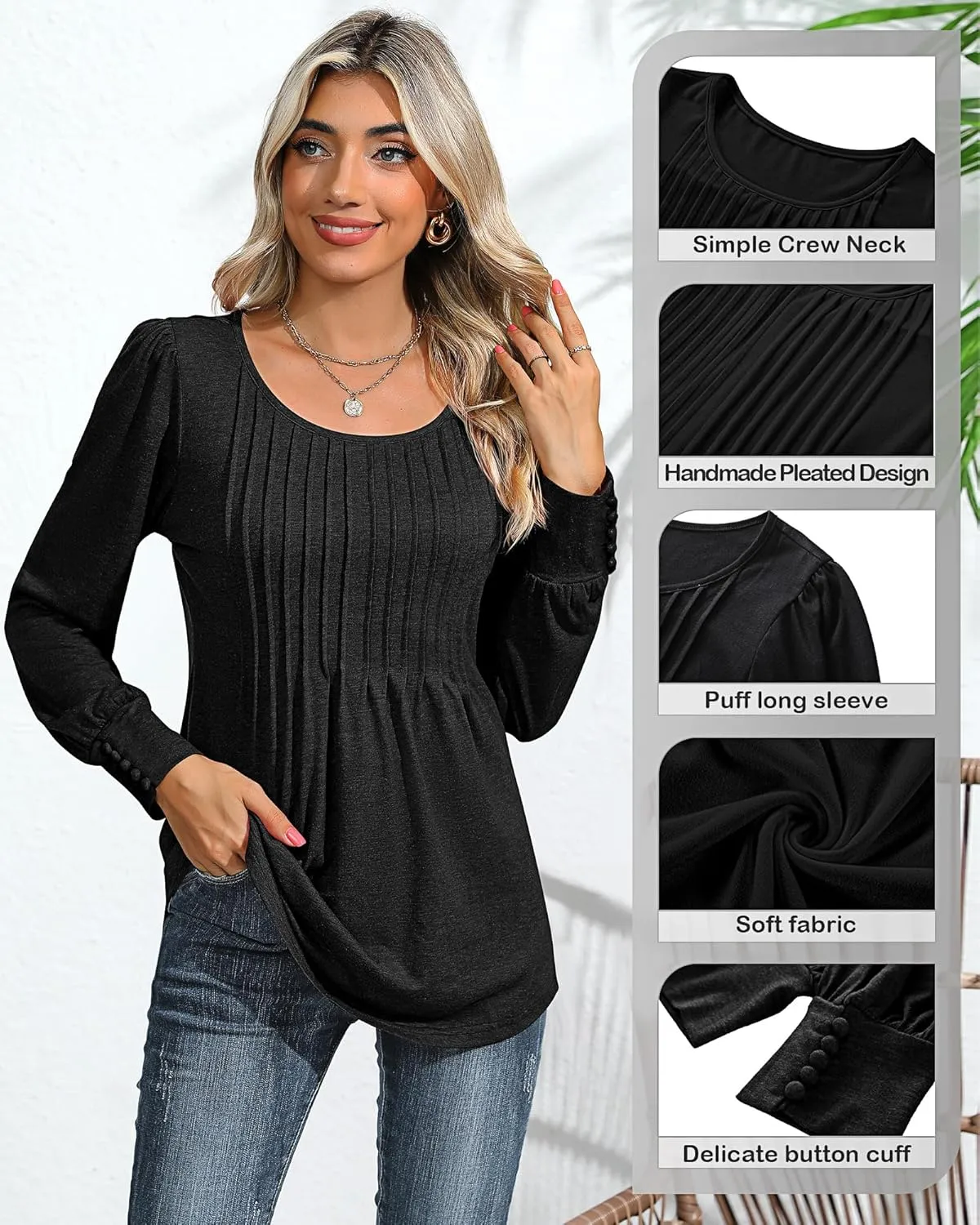 Ficerd Women's Puff Long Sleeve Tunic Tops Pleated Crew Neck Blouses Dressy Casual Loose Fit Winter and Spring Shirts
