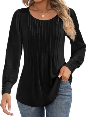 Ficerd Women's Puff Long Sleeve Tunic Tops Pleated Crew Neck Blouses Dressy Casual Loose Fit Winter and Spring Shirts