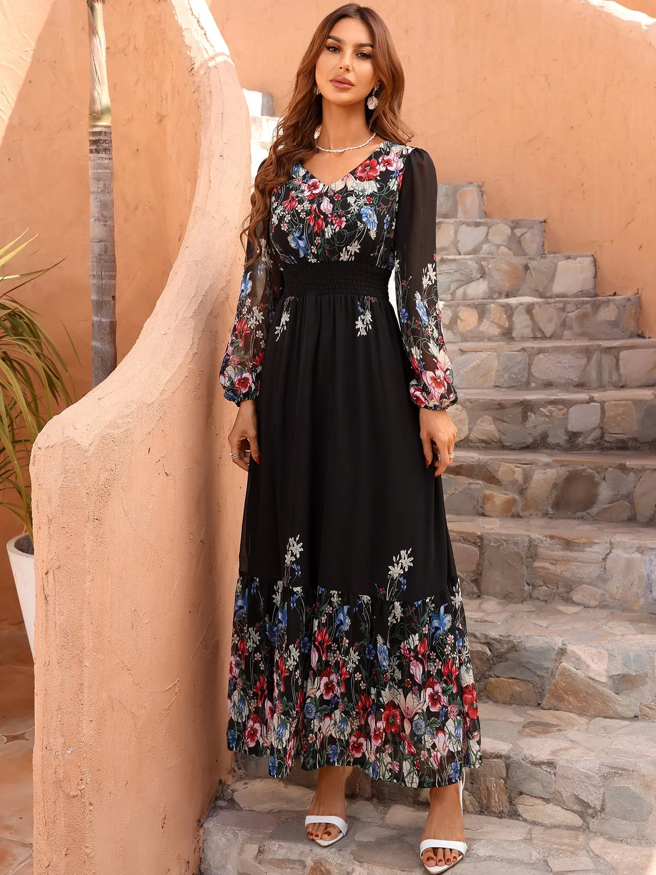 Floral Print Lantern Sleeve Shirred Waist Ruffle Hem Chiffon Dress