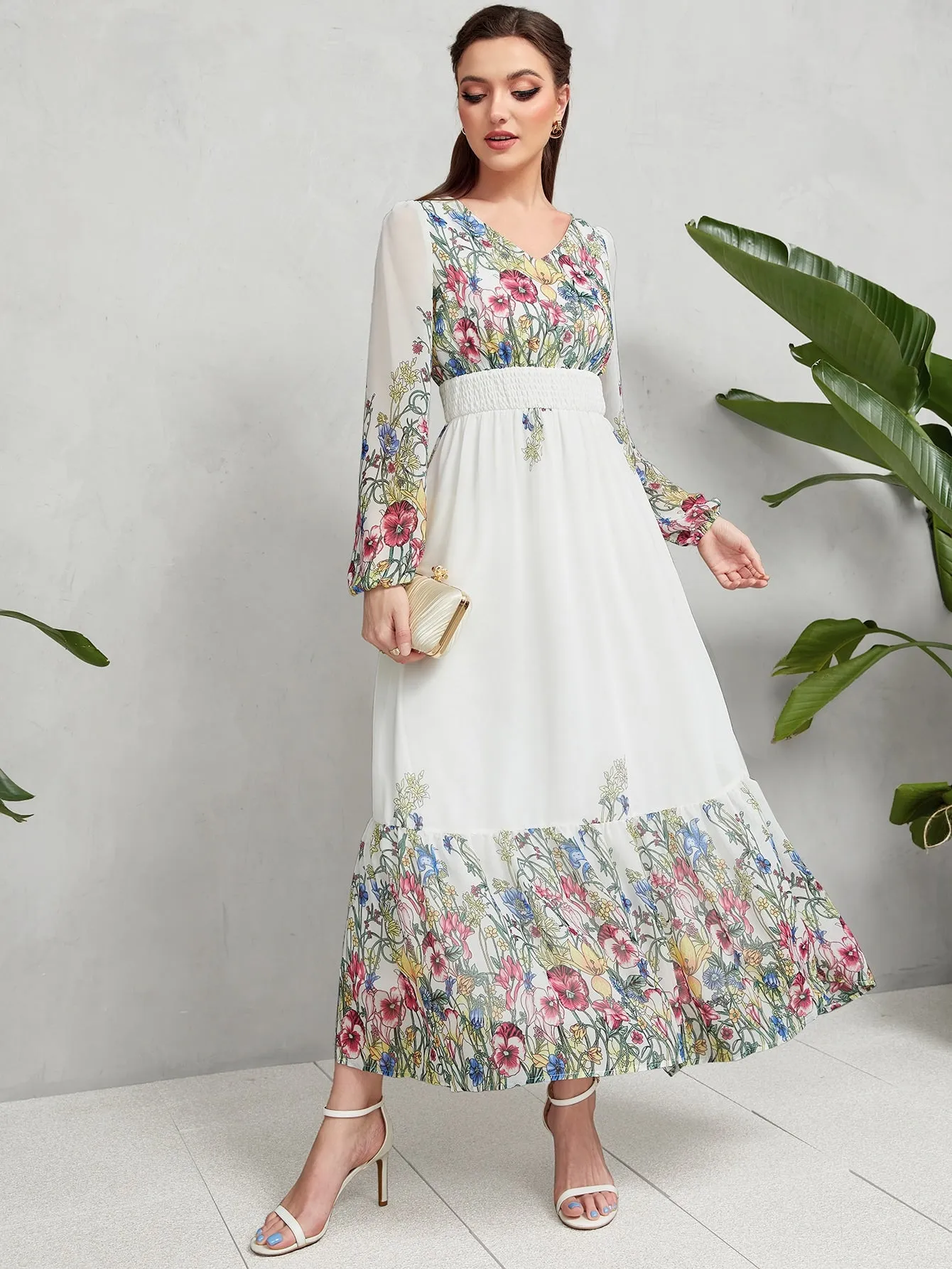 Floral Print Lantern Sleeve Shirred Waist Ruffle Hem Chiffon Dress