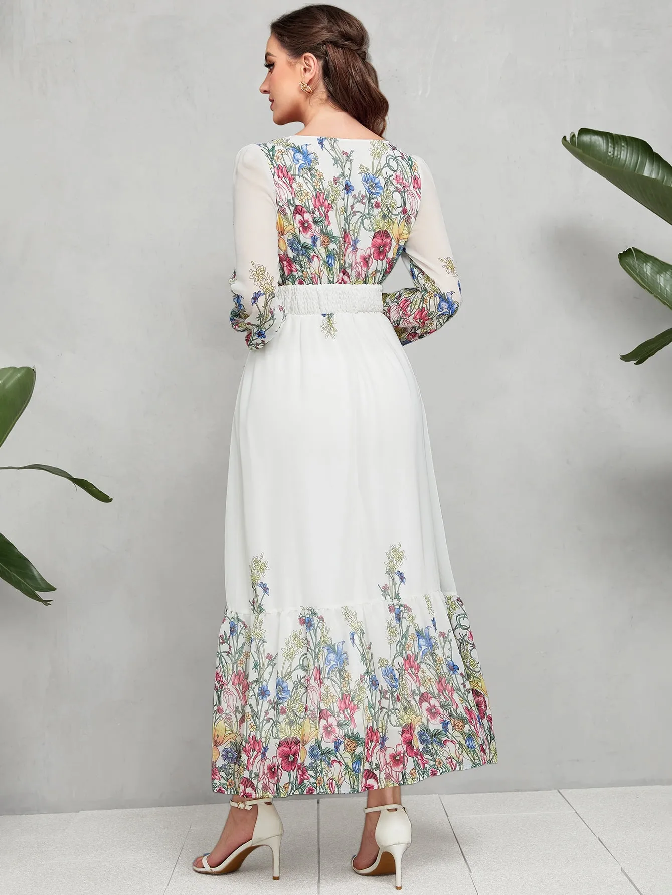 Floral Print Lantern Sleeve Shirred Waist Ruffle Hem Chiffon Dress