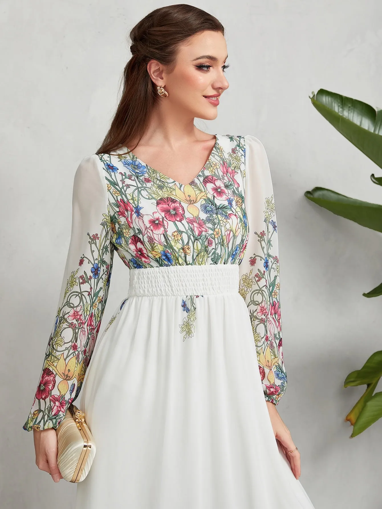 Floral Print Lantern Sleeve Shirred Waist Ruffle Hem Chiffon Dress